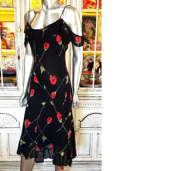 Vintage Betsey Johnson New York 90s Black Floral Red Rose Milkmaid Slip Dress S - Picture 6 of 15